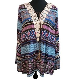 Umgee‎ Women's V-Neck Crochet Trim Paisley Stripe Tassel Popover Boho Size Large